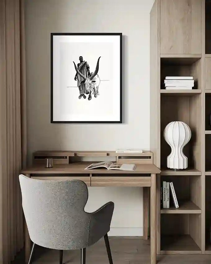 Nuba Herder black and white art print by Obada Gabir displayed in modern home office workspace with built-in desk and shelving - contemporary wall art