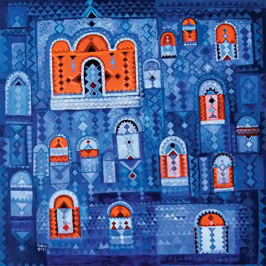 Geometric artwork showing traditional Nubian doors and windows in blue and orange with diamond patterns and decorative arches.
