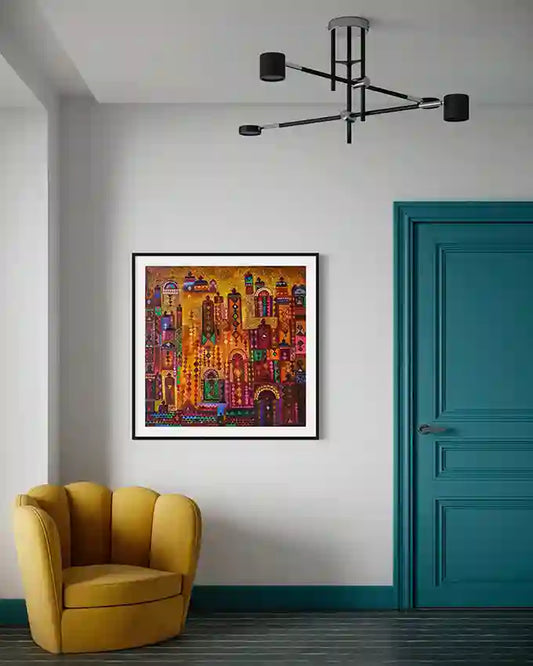 Framed Nubian Doors 2 artwork in vibrant colors displayed on white wall next to teal door and yellow armchair.