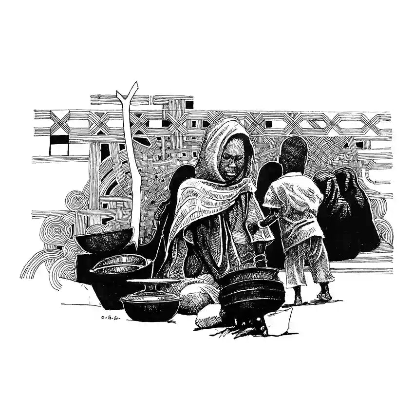 ‘A day in the life’ art print by Obada Gabir showing daily life scene with a mother and child around cooking vessels, black and white illustration.