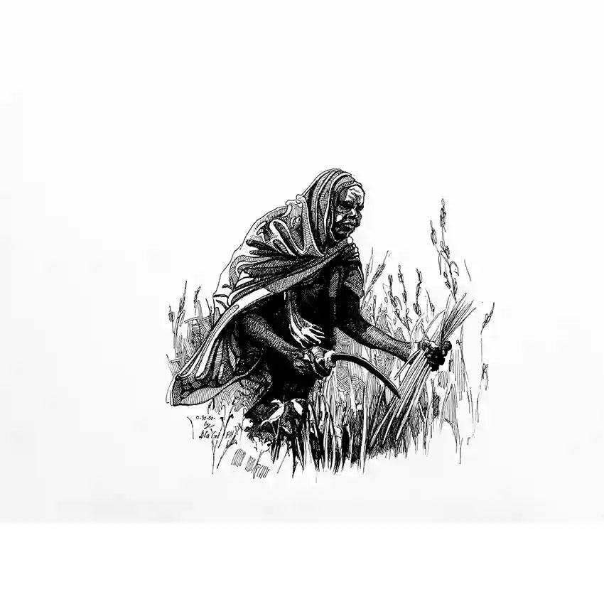 Among The Grasses art print by Obada Gabir featuring black and white line drawing of figure with scythe harvesting grain in traditional style