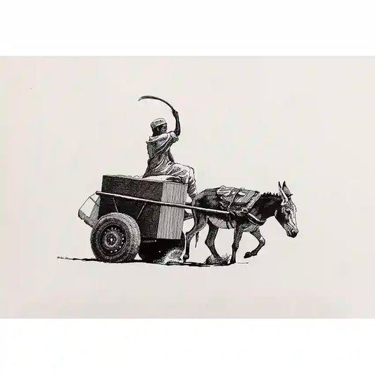Echoes of the road art print by Obada Gabir featuring black and white line drawing of figure with scythe on donkey-drawn cart