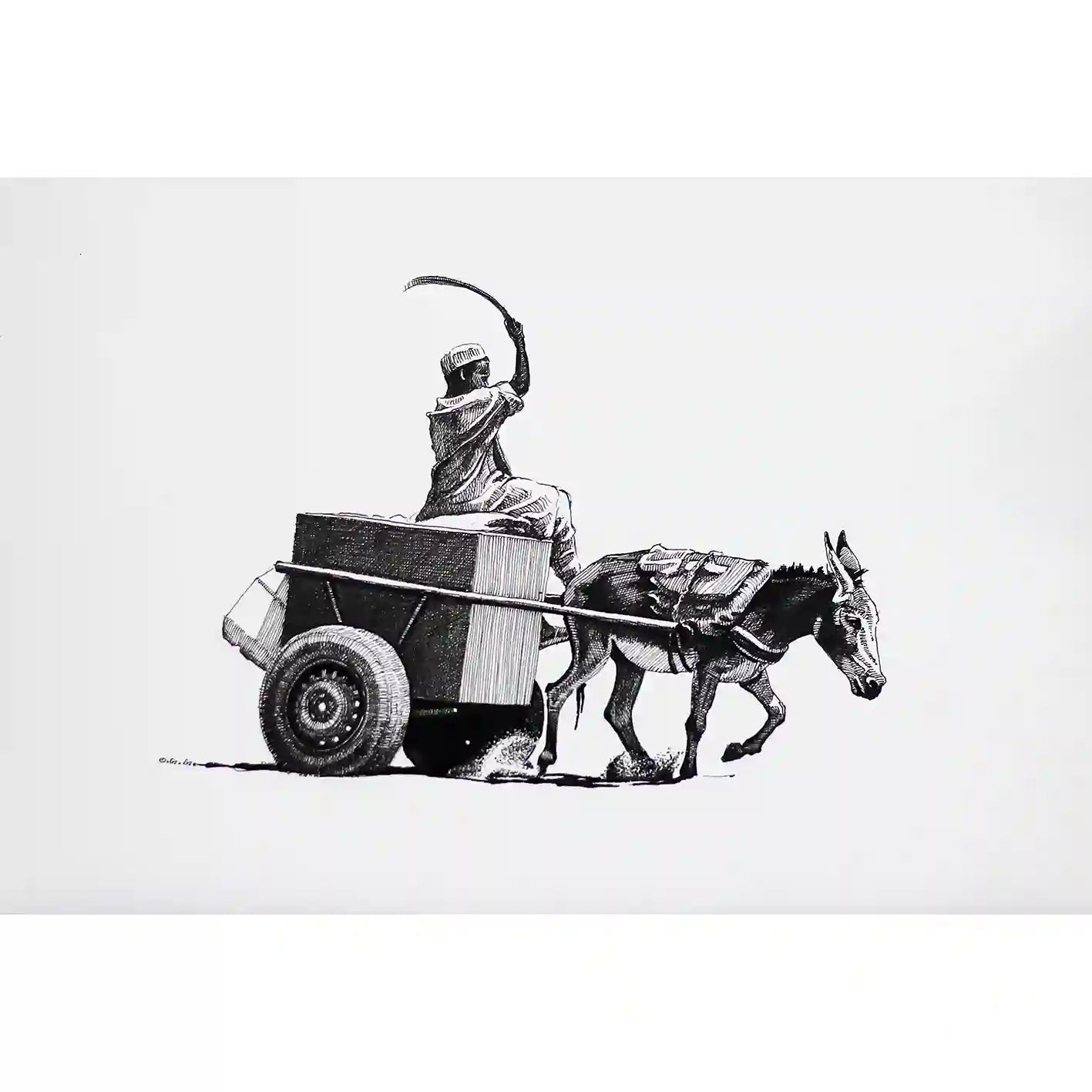 Echoes of the Road ink painting by Obada Gabir showing rider on donkey cart, black and white minimalist artwork