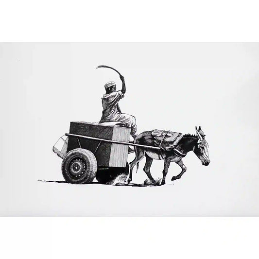 Echoes of the Road ink painting by Obada Gabir showing rider on donkey cart, black and white minimalist artwork