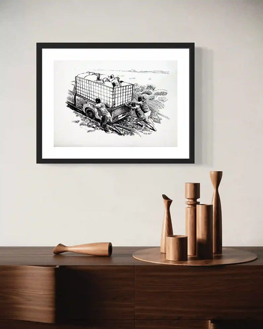 Framed ink painting 'Stuck on the Mud' by Obada Gabir on modern wall with wooden decor - wall art mockup display