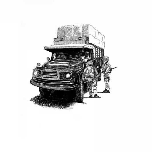 The Stop art print by Obada Gabir featuring black and white line drawing of vintage truck with figures and loaded cargo in detailed crosshatch style