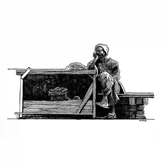 Black and white print pen and ink drawing of vegetable seller at market stall by artist Obada Gabir, showing traditional street vendor scene