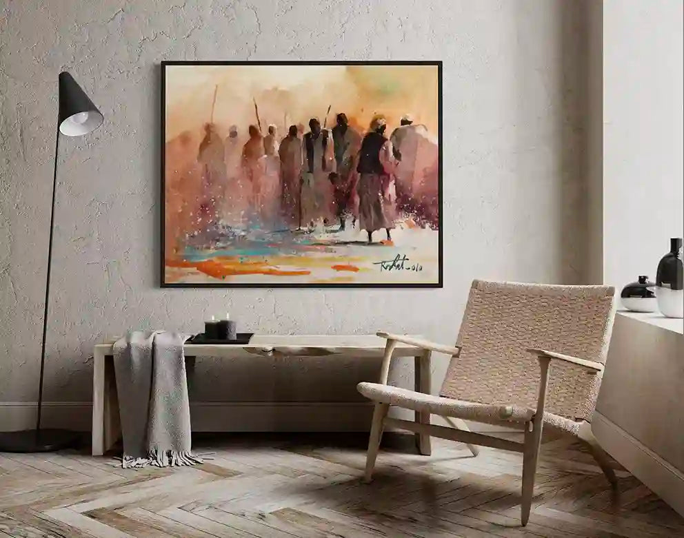 Ochre Rhythms framed art print in modern living room with woven chair, floor lamp and neutral decor mockup