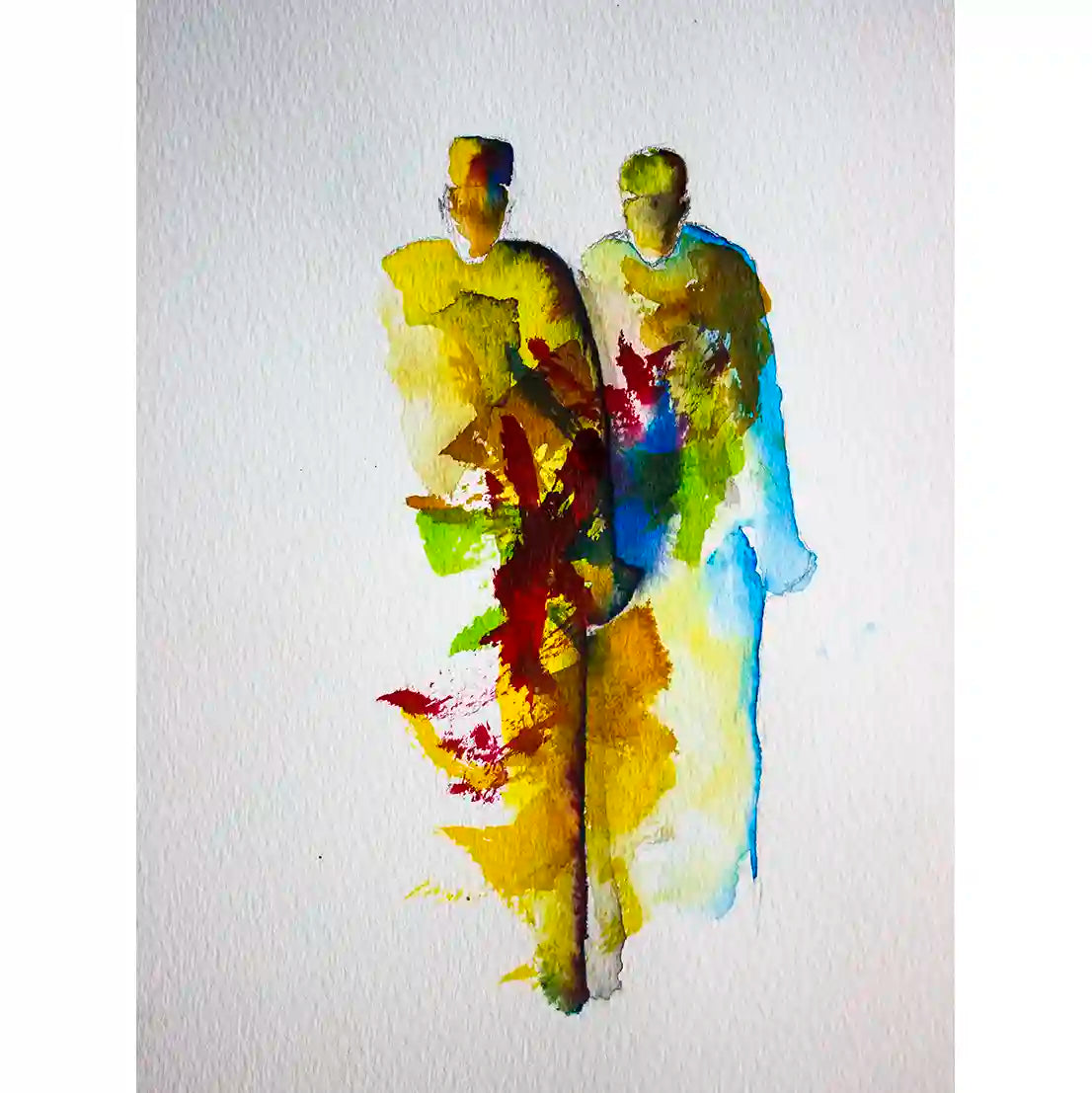 Old Friends watercolor art print by Gungalito featuring two abstract figures in vibrant yellow, blue, and green tones