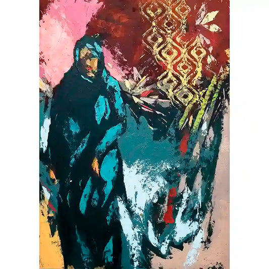 'On The Way Back 6' by Bakri Moaz - abstract art print featuring Sudanese woman in blue with traditional gold patterns