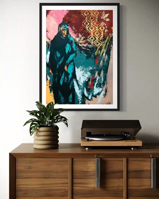 On The Way Back 6 art print by Bakri Moaz in black frame displayed above wooden credenza with plant and record player