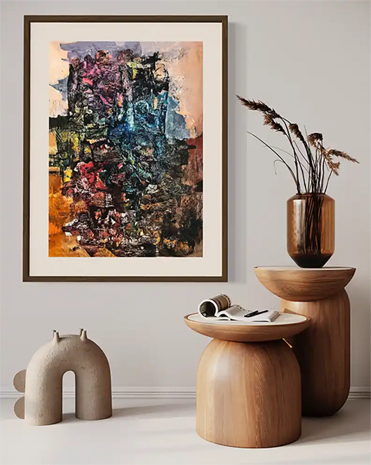 The Owner of Gemstones by Samir Shareef framed abstract art - acrylic painting displayed in warm modern interior setting