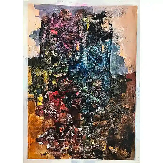 The Owner of Gemstones by Samir Shareef - richly textured abstract acrylic on paper with jewel-toned colors and layers