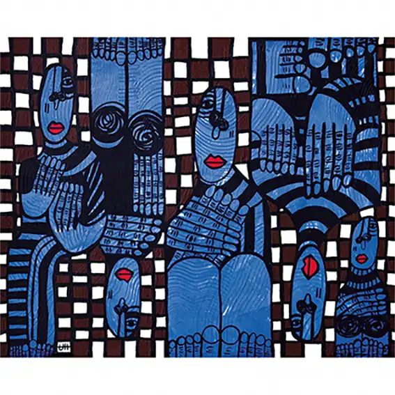 Art print "Password Required" by Usra Hamza showing blue figures with red lips against brown and white checkered background