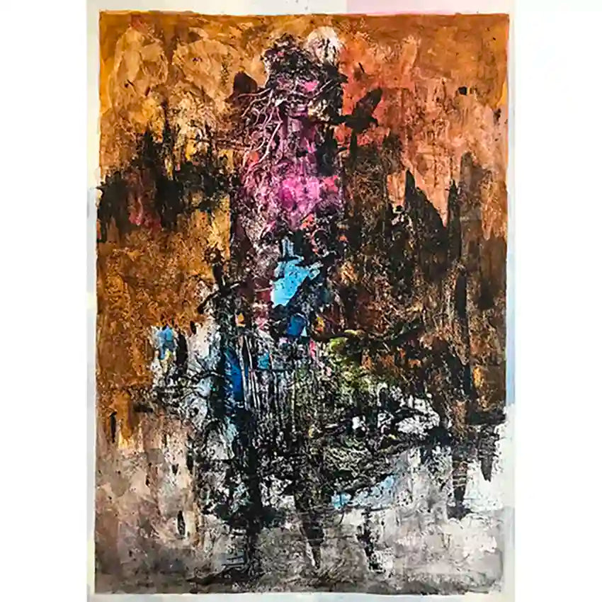 Pirate by Samir Shareef - textured abstract acrylic on paper with central dark figure and warm golden, purple, blue tones