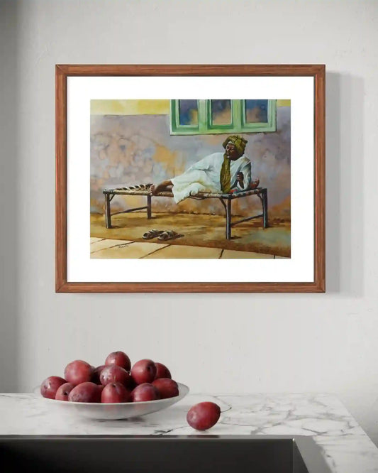 A Quiet Moment watercolor by Hussein Merghani in wooden frame on white wall with red plums on marble counter