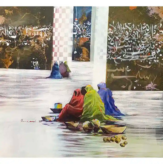 Rainbow Poetry art print by Omer Kamal - acrylic  painting of three women in colorful robes with Arabic calligraphy background