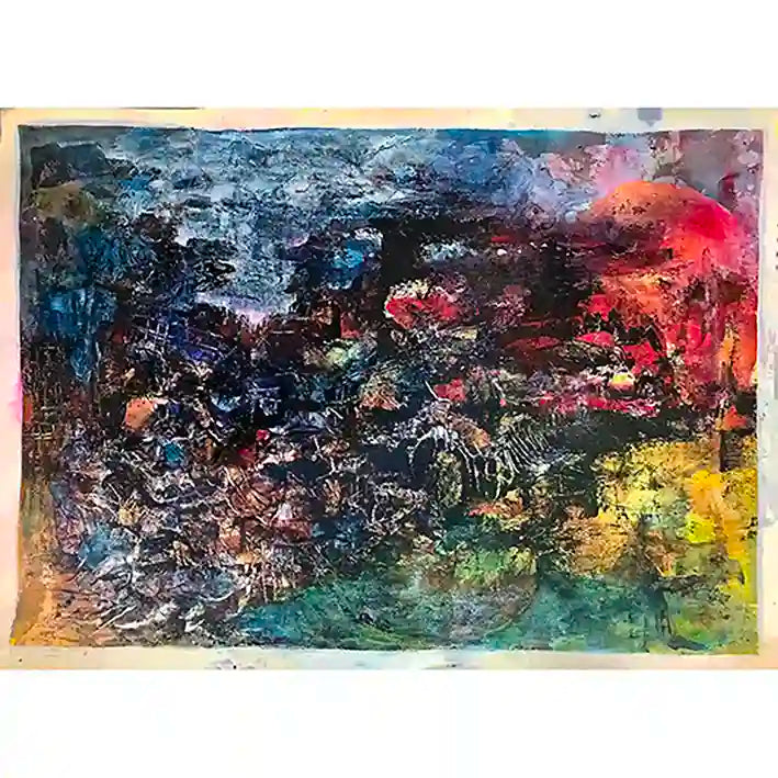 Red Sun by Samir Shareef - vibrant abstract acrylic on paper with dramatic colors from deep blues to fiery reds and yellows