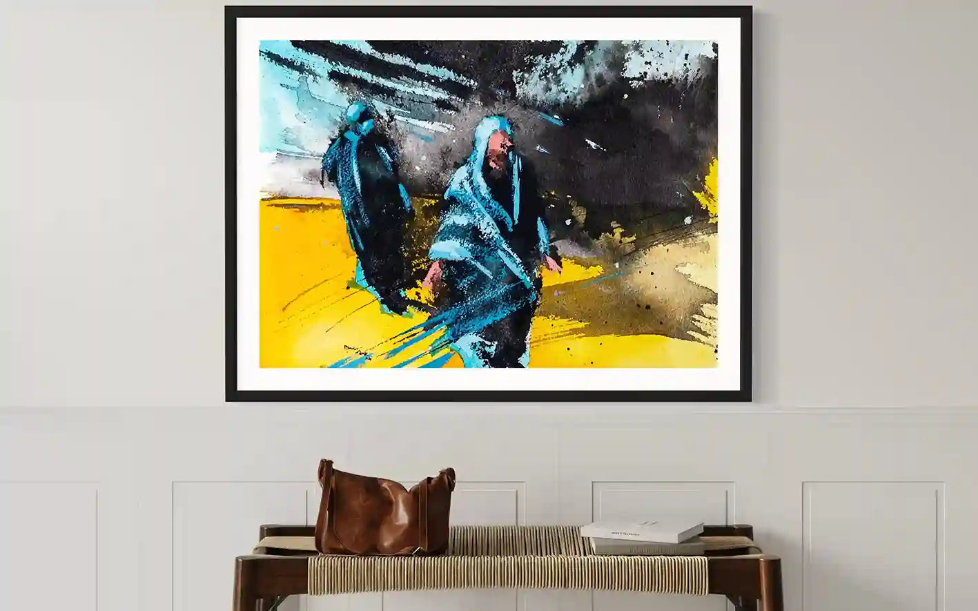 Remnants 2 framed art print by Bakri Moaz displayed above wooden console with leather bag - modern abstract wall art