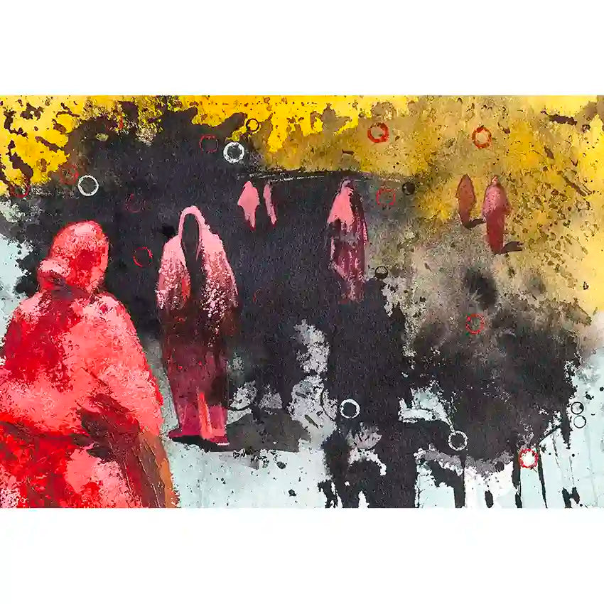 'Remnants 4' art print by Bakri Moaz featuring red female figures on textured yellow and black mixed media background