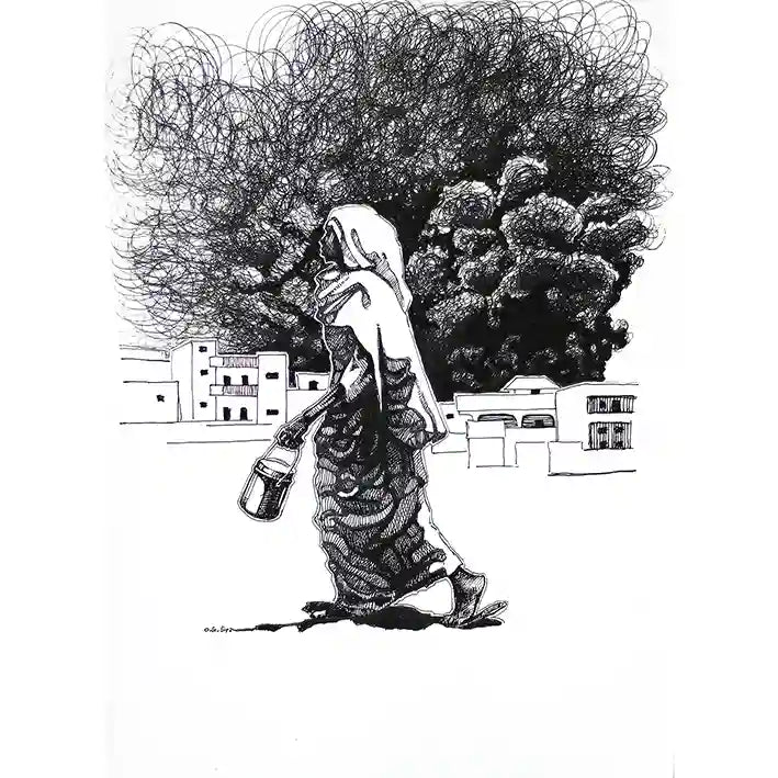 Rhythm of her Step by Obada Gabir - original ink painting of Sudanese woman in traditional dress walking past houses
