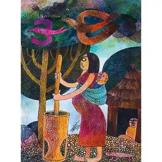 Art print "Sacred Rhythm" by Tariq Nasre showing woman with child grinding at mortar, colorful birds flying above in village setting
