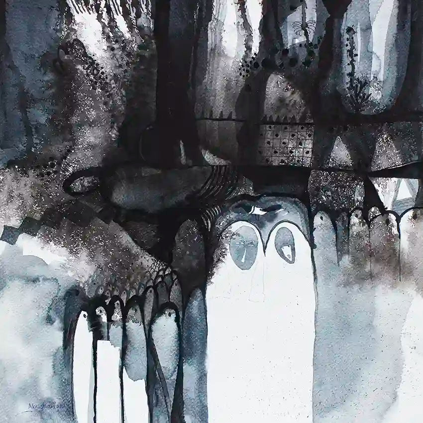 Shadow Play black and white ink wash art print by Abushariaa Ahmed showing ghostly figures in moody urban landscape
