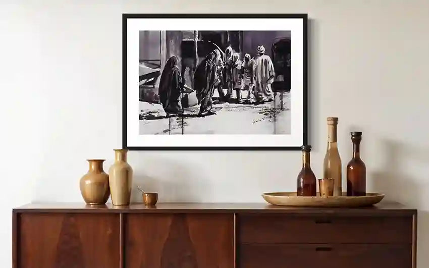 Shadows and Light framed art print by Elamin Awad displayed above mid-century sideboard with ceramic vases and bottles