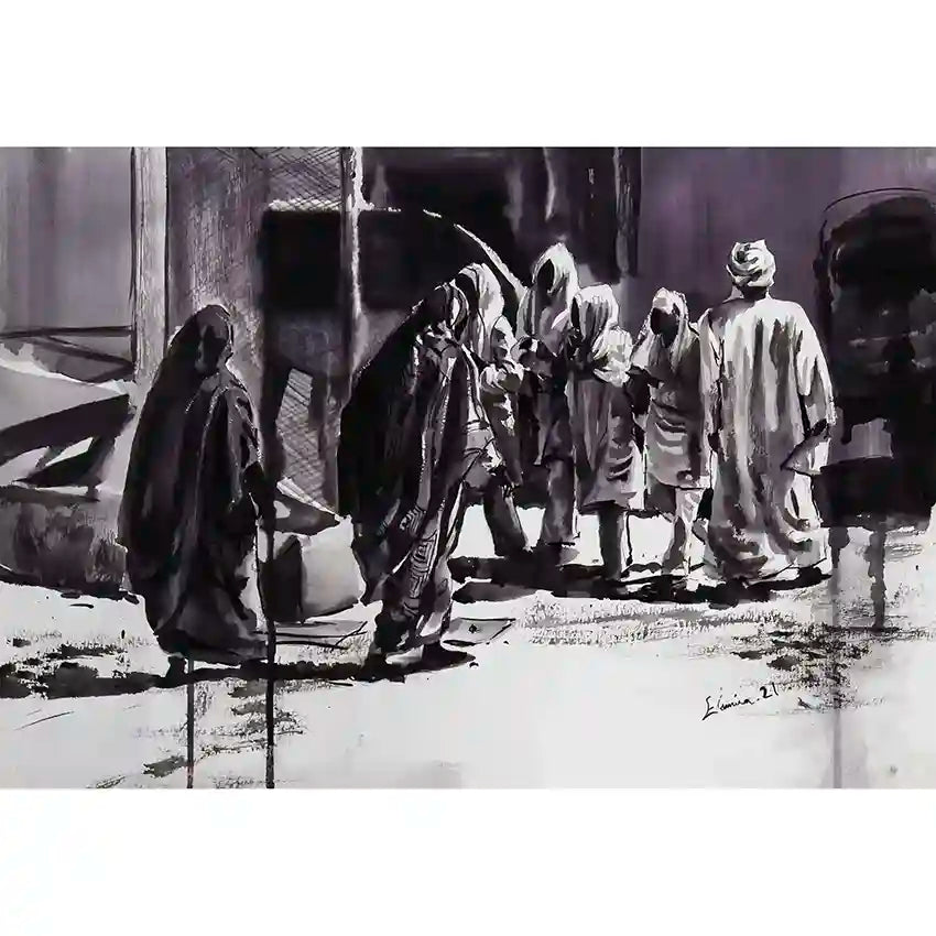 Shadows and Light ink wash art print by Elamin Awad showing many figures in market scene with dramatic light and shadow