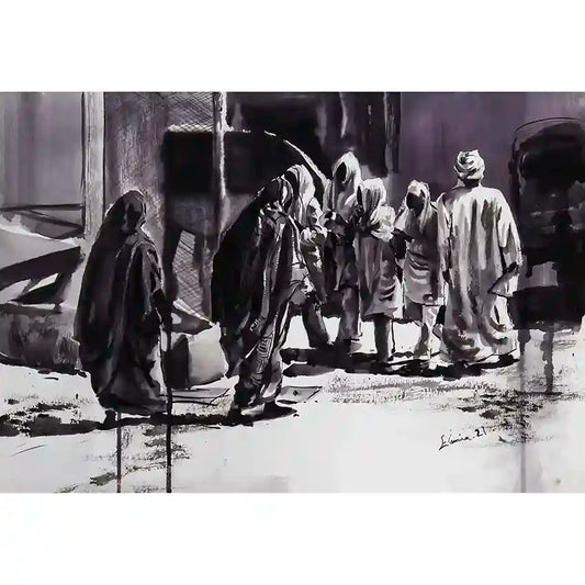 Shadows and Light ink wash art print by Elamin Awad showing many figures in market scene with dramatic light and shadow