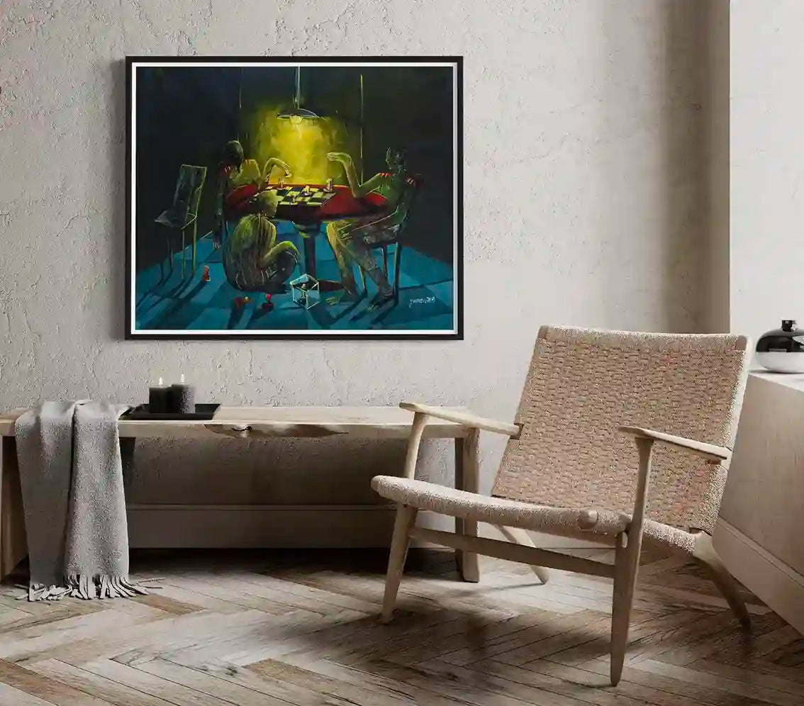 Yasmeen Abdullah art print in minimalist Scandinavian living room with woven chair and wooden bench interior design mockup