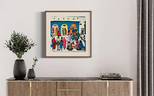 Souk Fragments 12 by Ahmed Alnahas original acrylic painting mockup showing vibrant Sudanese market scene in wooden frame