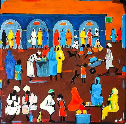 Souk Fragments 4 acrylic by Ahmed Alnahas showing Sudanese market with orange sky, earth tones, and colorful market figures