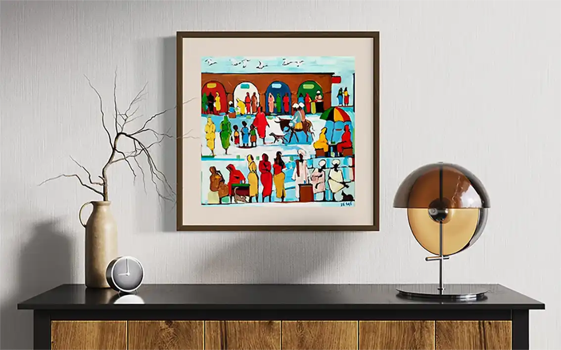Framed Souk Fragments 5 original painting by Ahmed Alnahas on wall showing vibrant Sudanese market scene in home setting