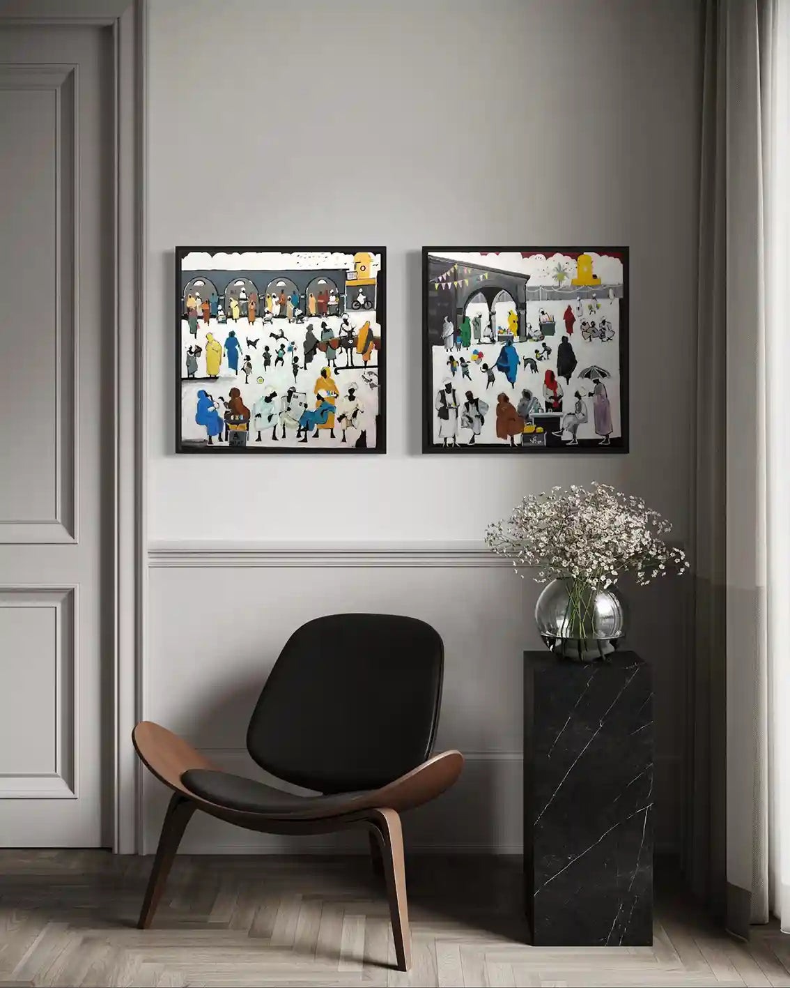 Souk Fragments 6 and 7 framed paintings by Ahmed Alnahas displayed as diptych pair showing Sudanese market scenes on wall