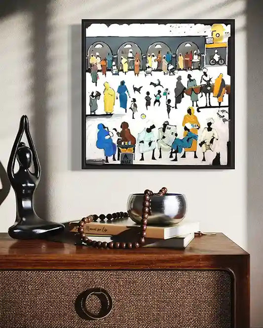 Framed Souk Fragments 6 original painting by Ahmed Alnahas on wall showing monochromatic Sudanese market scene in home setting