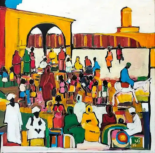 Souk Fragments 9 acrylic painting by Ahmed Alnahas depicting vibrant Sudanese market scene with colorful figures & archways