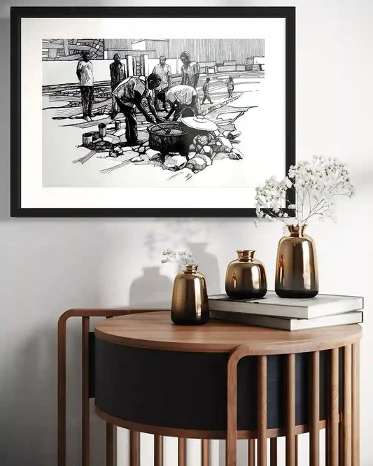Soup Kitchen framed art by Obada Gabir in contemporary interior, Sudanese ink drawing home decor wall art mockup