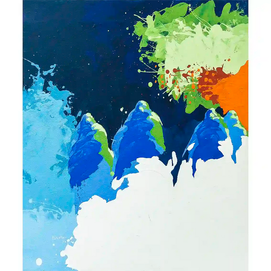 'Spirits of The Nile' art print by Bakri Moaz - abstract Sudanese women in cosmic blue green orange painting available for sale