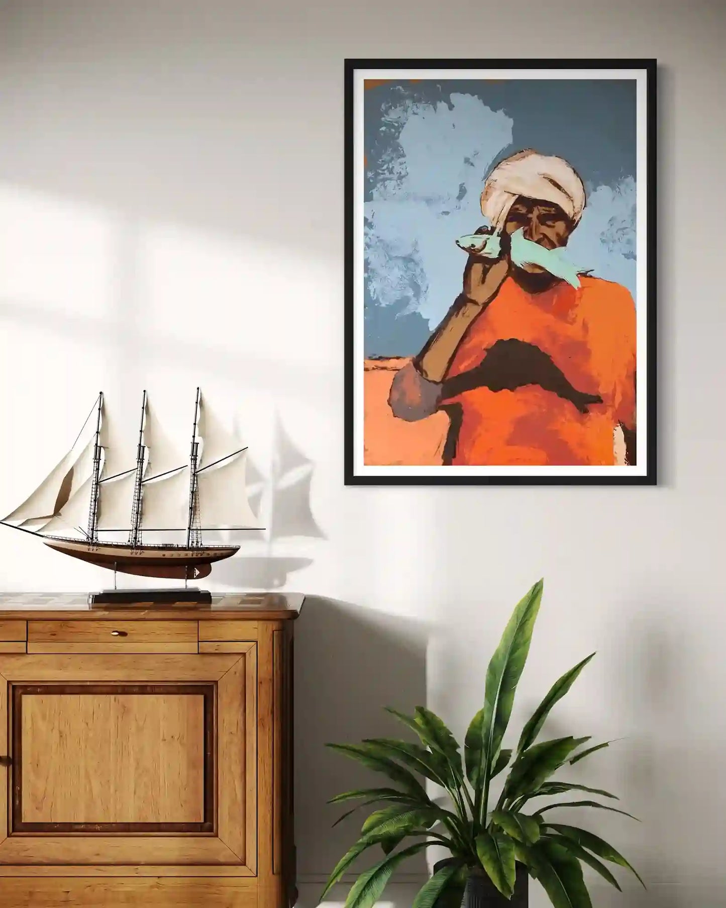 Starring 2 oil painting by Abubakar Moaz displayed as framed wall art in modern interior home decor setting with ship