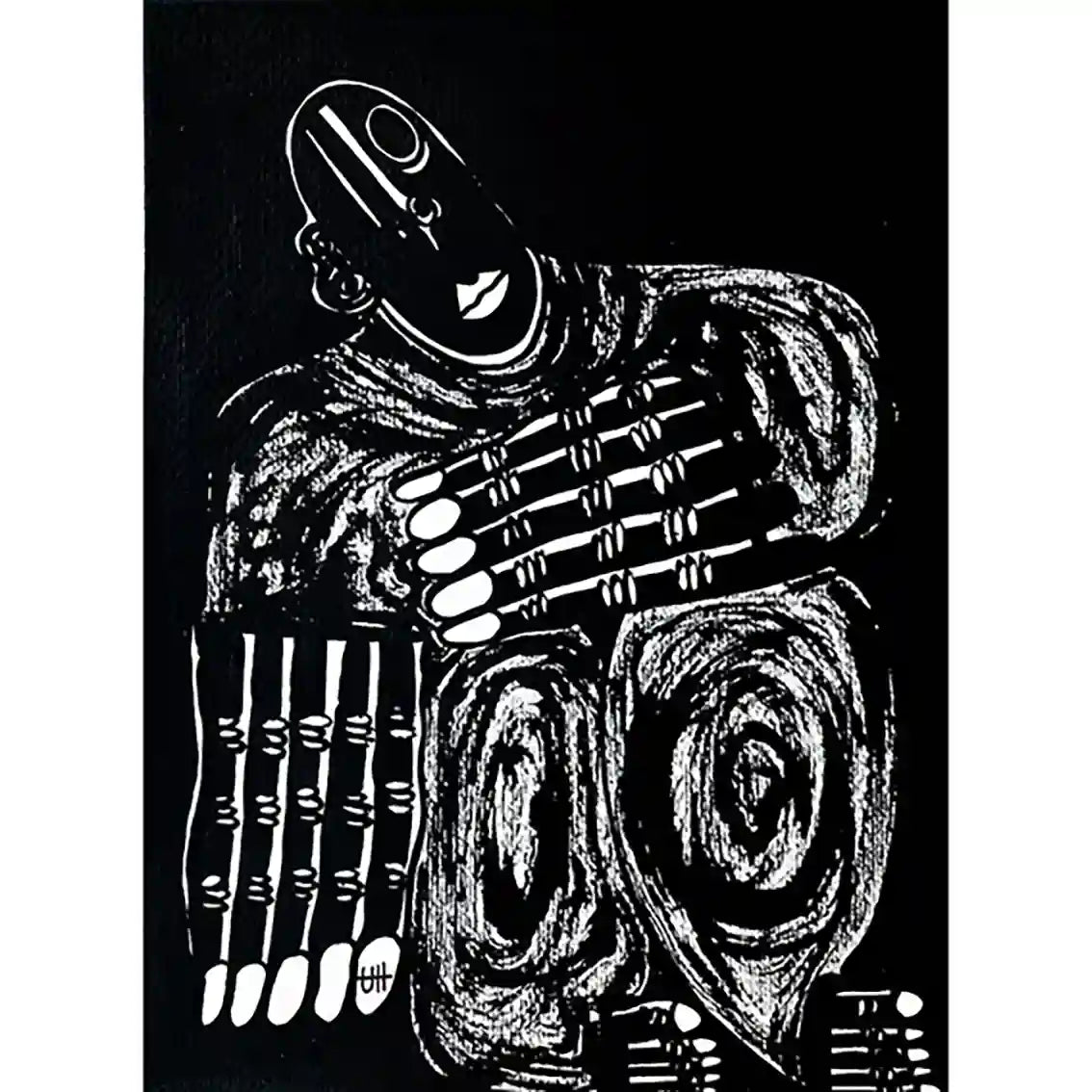 Static by Usra Hamza - Original ink on paper with bold black and white abstract figure featuring geometric patterns and lines