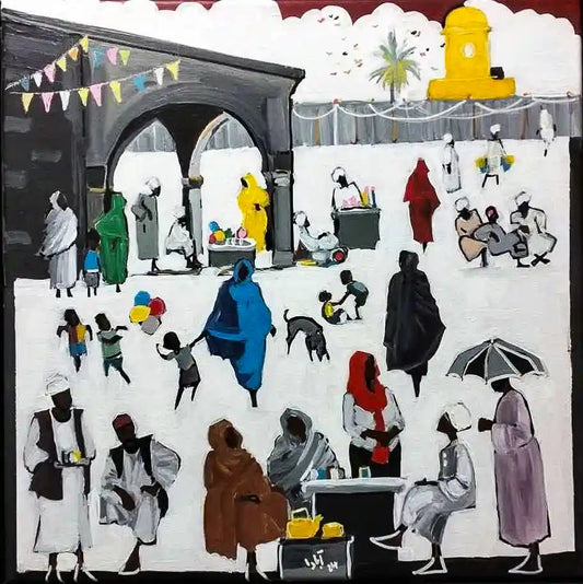 Souk Fragments 7 acrylic painting by Ahmed Alnahas depicting festive Sudanese market scene with bunting and silhouetted figures