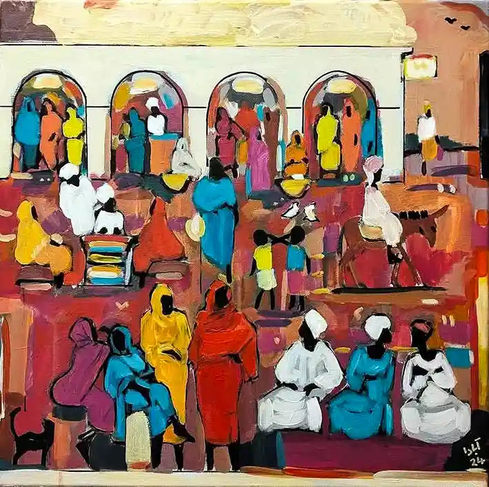 Souk Fragments 8 acrylic painting by Ahmed Alnahas depicting warm-toned Sudanese market scene with arched doorways and figures