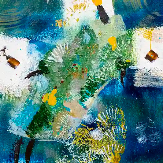 Sufi 11 art print by Hani Khalil featuring abstract blue, green, and yellow brushstrokes with white highlights on canvas