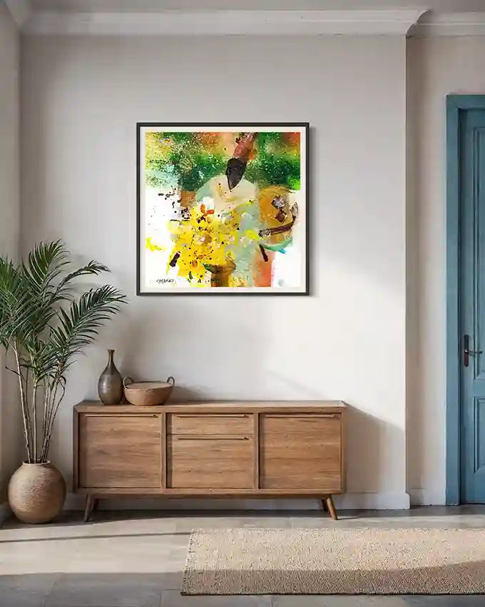 Sufi 12 abstract art print by Hani Khalil above mid-century credenza with palm plant in neutral entryway - home decor styling