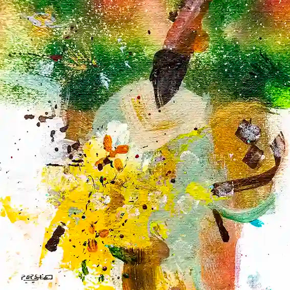 Sufi 12 abstract art print by Hani Khalil featuring vibrant yellow, green & earth tone brushstrokes with organic flowing composition