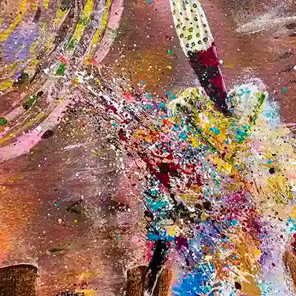 Sufi 13 art print by Hani Khalil - dynamic abstract with purple, gold & multicolor paint splatters. Modern wall art decor.