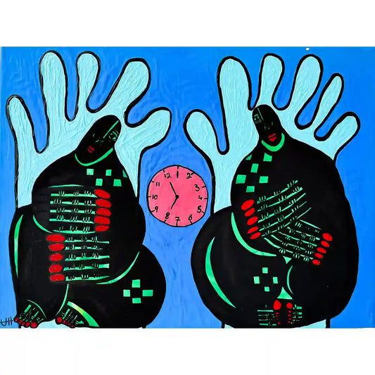 Temporal Silence by Usra Hamza - Mixed media on canvas with two figures, raised hands and clock in vibrant blue tones