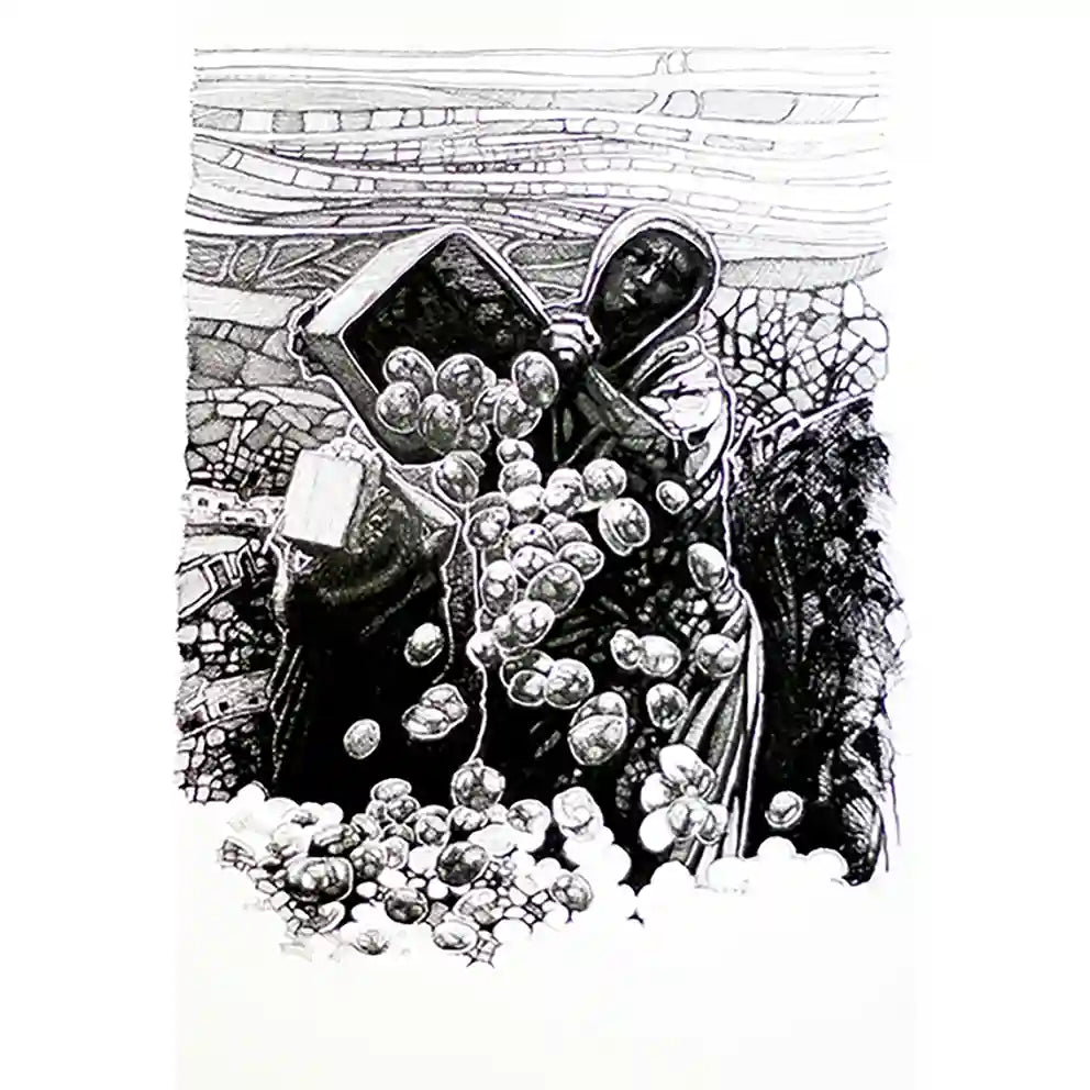 The Harvest ink drawing by Obada Gabir showing Sudanese woman in traditional dress with produce, original artwork