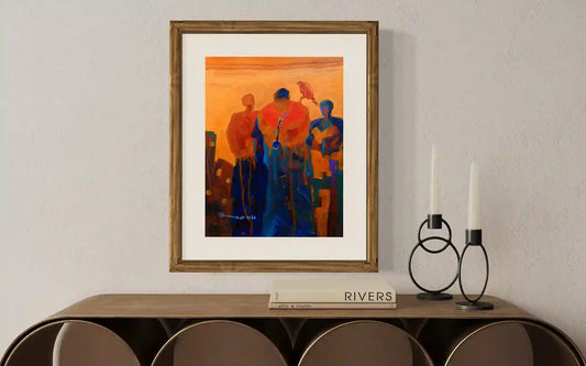 
The Key original painting by Osman Adam displayed on wall with modern decor showing figure with key in golden tones